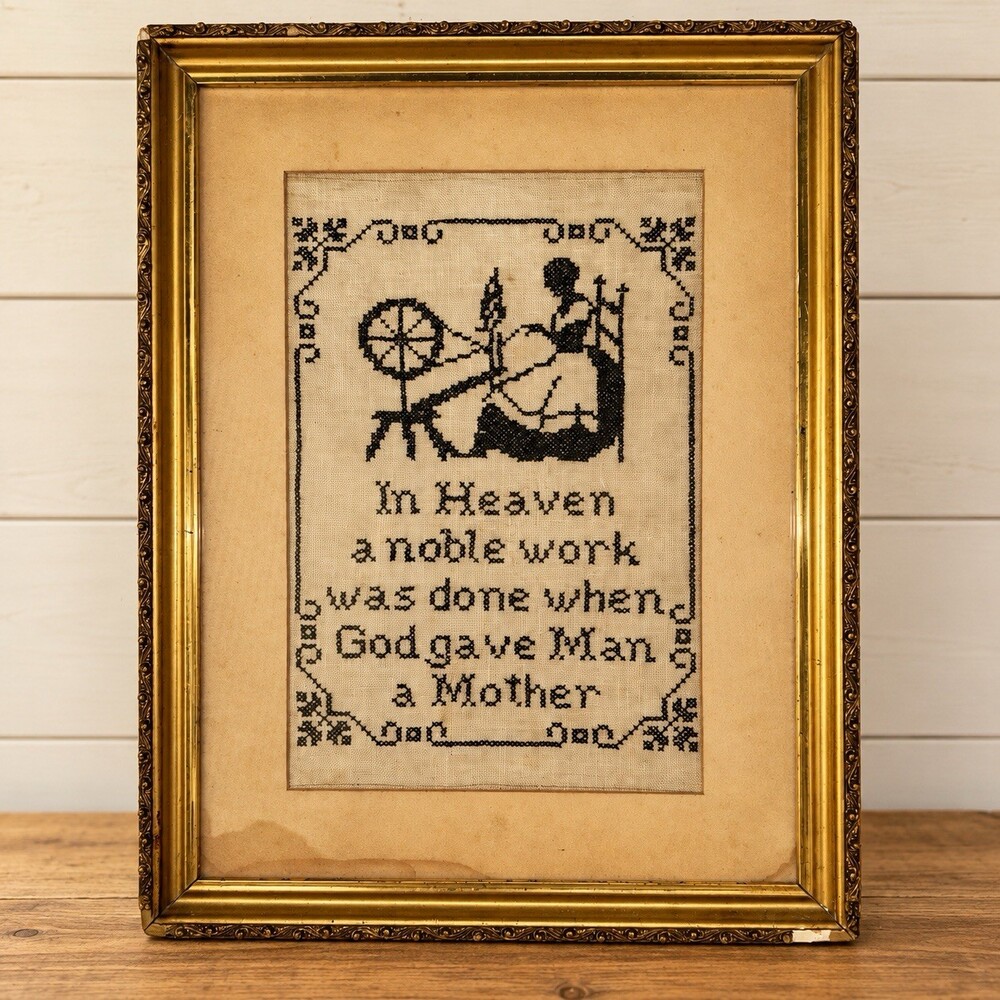 Vintage Framed Cross Stitch Sampler Mother Spinning Wheel Religious Verse 20x15
